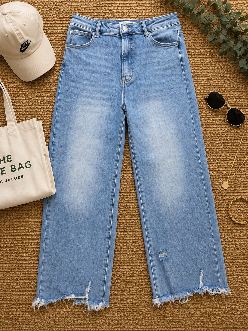 Risen High Rise Straight Leg Jeans Women’s Size 13/31 Light Wash Distressed Raw